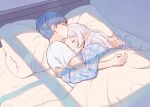  1boy 1girl bedroom blue_hair closed_eyes commentary_request couple dangle_earrings earrings elf frieren hair_down himmel_(sousou_no_frieren) hug indoors jewelry korean_commentary light_particles long_hair long_sleeves on_bed parted_bangs pillow plaid_pajamas pointy_ears shirt short_hair sleeping sleeves_past_wrists sousou_no_frieren upper_body white_hair white_shirt window_shade yumyumppang 