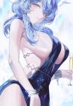  1girl ako_(blue_archive) ako_(dress)_(blue_archive) backless_dress backless_outfit bare_shoulders blue_archive blue_dress blue_eyes blue_hair blue_halo blush breasts cuffs dress egoswans hair_between_eyes halo huge_breasts large_breasts long_hair looking_at_viewer official_alternate_costume shackles sideboob simple_background sleeveless sleeveless_dress solo white_background 