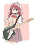  :3 blush bow commentary cowboy_shot electric_guitar furuya_reina guitar highres instrument long_hair makoto_distortion matsuda_hikari pink_eyes pink_hair pleated_skirt plectrum school_uniform skirt solo 