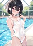  1girl bare_arms bare_shoulders black_hair blurry breasts closed_mouth competition_swimsuit covered_navel cowboy_shot depth_of_field embarrassed highleg highleg_swimsuit looking_at_viewer medium_breasts okiq one-piece_swimsuit one_side_up original pink_eyes pool short_hair solo spaghetti_strap standing strap_pull swimsuit wavy_mouth wet white_one-piece_swimsuit 