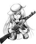  bag belt blouse drum_magazine flat_cap greyscale gun hammer_and_sickle hat hibiki_(kantai_collection) jojo218 kantai_collection lips long_hair looking_at_viewer magazine_(weapon) monochrome ppsh-41 school_uniform simple_background solo star submachine_gun upper_body verniy_(kantai_collection) weapon white_background 