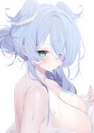  1girl blue_eyes blue_hair blush breasts deyui elira_pendora highres large_breasts looking_at_viewer nijisanji nijisanji_en solo sweat sweatdrop virtual_youtuber 