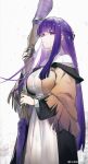  1girl absurdres black_robe breasts brown_capelet capelet commentary_request cowboy_shot dress fern_(sousou_no_frieren) highres holding holding_staff large_breasts long_hair looking_at_viewer open_clothes open_robe purple_eyes purple_hair robe solo sousou_no_frieren staff standing very_long_hair white_dress yushe_quetzalli 