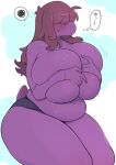 anthro big_breasts blush bodily_fluids breast_grab breast_squish breasts clothed clothing covering covering_breasts curvy_figure deltarune female freckles front_view hand_on_breast hi_res holding_breast huge_breasts mostly_nude panties panties_only purple_body purple_scales reptile scales scalie short_tail slightly_chubby solo squish susie_(deltarune) sweat sweatdrop tail thick_thighs topless underchikichan undertale_(series) underwear underwear_only voluptuous wide_hips