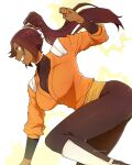  1girl black_bodysuit bleach bodysuit bodysuit_under_clothes breasts dark-skinned_female dark_skin from_side heyzumntabs highres large_breasts long_hair long_sleeves orange_shirt ponytail purple_hair shihouin_yoruichi shirt smile solo teeth twitter_username white_background 