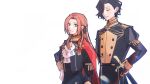  1boy 1girl alternate_hair_color arms_behind_back ascot black_hair brown_hair cape closed_eyes closed_mouth commentary edelgard_von_hresvelg fire_emblem fire_emblem:_three_houses garreg_mach_monastery_uniform gloves hand_on_own_hip highres hubert_von_vestra long_hair parted_lips purple_eyes red_cape sheath sheathed short_hair simple_background smile standing sword teeth weapon white_ascot white_background white_gloves yuu_(primalmxy) 