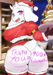 &lt;3 absurd_res anthro big_breasts big_butt boss_monster bottomless bovid breasts brown_clothing brown_gloves brown_handwear butt caprine christmas christmas_clothing christmas_headwear clothed clothing eyelashes fangs female floppy_ears food fur furry_funnychan gloves goat handwear hat headgear headwear hi_res holding_food holding_object holidays horn legwear looking_at_viewer looking_back looking_back_at_viewer lop_ears mammal open_mouth purple_eyes rear_view red_clothing red_hat red_headwear red_legwear red_thigh_highs red_topwear santa_hat solo teeth text thick_thighs thigh_highs topwear toriel undertale undertale_(series) white_body white_fur white_horn wide_hips writing_on_butt