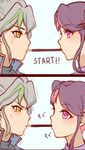  1boy 1girl akaba_ray green_hair grey_hair multicolored_hair panel pocky pocky_kiss spiky_hair twintails two-tone_hair yu-gi-oh! yuu-gi-ou_arc-v zarc_(yuu-gi-ou_arc-v) 