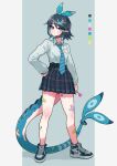  1girl arm_at_side bandaged_leg bandages black_hair black_skirt blue_hair blue_hairband blue_necktie bow_hairband candy closed_mouth collared_shirt colored_inner_hair commentary fins fish_girl fish_tail food full_body grey_background hairband hand_on_own_hip highres holding holding_candy holding_food holding_lollipop lollipop long_sleeves miniskirt monster_girl muco_lita multicolored_hair necktie original pink_eyes plaid plaid_skirt pleated_skirt school_uniform shirt shoes simple_background skirt sneakers solo standing tail two-tone_background white_background white_shirt 