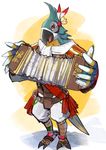  beak bird brown_eyes concertina highres instrument kass male_focus music open_mouth playing_instrument rito shimo_(s_kaminaka) solo standing the_legend_of_zelda the_legend_of_zelda:_breath_of_the_wild 