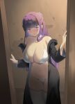  1girl absurdres bare_shoulders black_robe blunt_bangs blush bra breasts chinese_commentary cleavage curvy doorway fern_(sousou_no_frieren) highres indoors large_breasts libao9901 long_hair looking_at_viewer navel off_shoulder open_mouth panties purple_eyes purple_hair robe solo sousou_no_frieren stomach thighhighs underwear very_long_hair white_bra white_panties white_thighhighs wide_hips 