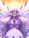  1girl angel angel_wings backlighting colored_skin dress emily_(hazbin_hotel) fingerless_gloves freckles gloves glowing_halo grey_hair grey_skin halo hazbin_hotel highres long_hair looking_at_viewer menattou multiple_wings purple_eyes smile solo sparkle very_long_hair wings 