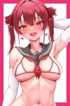  1girl :d absurdres amaki_daisuke bikini blush breasts elbow_gloves fang gloves heart heterochromia highres hololive houshou_marine large_breasts long_hair looking_at_viewer navel neckerchief red_eyes red_hair red_neckerchief smile solo stomach swimsuit twintails upper_body virtual_youtuber white_gloves yellow_eyes 