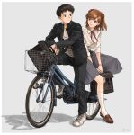  1boy 1girl alternate_hair_length alternate_hairstyle bicycle bicycle_basket black_hair black_jacket black_pants blue_eyes bow bowtie bracelet breasts briefcase brown_footwear closed_mouth collared_shirt dress_shirt full_body gakuran grey_background grey_skirt hair_ornament holding holding_briefcase ikari_shinji jacket jewelry knee_up kneehighs loafers long_hair long_sleeves looking_back looking_to_the_side multiple_riders neon_genesis_evangelion niko_(silent.whitesnow) open_clothes open_jacket orange_hair pants red_bow red_bowtie school_briefcase school_uniform shirt shoes short_hair sidesaddle signature simple_background skirt smile sneakers socks souryuu_asuka_langley two_side_up unbuttoned white_footwear white_shirt white_socks 