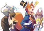  ! !! 0_0 1other 3boys animal_ears arched_back belt black_gloves blue_coat brown_hair cane cape cat cat_ears cat_tail coat covering_own_mouth fellow_honest fire fox_ears fox_tail gidel_(twisted_wonderland) gloves grim_(twisted_wonderland) hat high_belt highres long_hair long_sleeves multiple_boys neck_ribbon orange_hair parted_bangs ribbon school_uniform short_hair surprised sweatdrop tail tail_grab top_hat twisted_wonderland uppi visible_air yuu_(twisted_wonderland) 