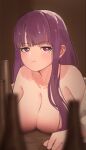  1girl :t absurdres bare_shoulders blunt_bangs blurry blush bottle breasts cleavage closed_mouth collarbone depth_of_field fern_(sousou_no_frieren) highres large_breasts long_hair looking_at_viewer lurenkt pout purple_eyes purple_hair sousou_no_frieren 