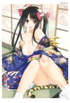  :d absurdres animal_ears arm_support artist_name bare_shoulders black_hair bow breasts brown_eyes cleavage eyebrows_visible_through_hair floral_print flower hair_bow hair_flower hair_ornament highres iizuki_tasuku indoors japanese_clothes kimono large_breasts long_hair looking_at_viewer off_shoulder open_mouth page_number panties pink_panties scan sidelocks sitting sliding_doors smile solo tabi tail tatami tiger_ears tiger_tail toranoana underwear wide_sleeves 