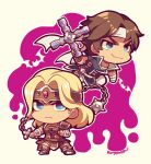  2boys armor ball_and_chain_(weapon) bat_(animal) blonde_hair blue_coat blue_eyes castlevania_(series) chibi chibi_only closed_mouth coat cross frown headband holding holding_weapon kotorai male_focus multiple_boys no_nose richter_belmont signature simon_belmont smile torn_clothes torn_sleeves weapon white_background white_headband 