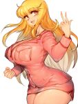  1girl :d akimoto_katherine_reiko blonde_hair blush breasts cleavage contrapposto dress_shirt fumio_(rsqkr) highres huge_breasts jumpsuit kochikame large_breasts long_hair long_sleeves looking_at_viewer open_mouth pink_jumpsuit pink_shirt pink_skirt shirt sidelocks skirt smile solo upper_body very_long_hair yellow_eyes 