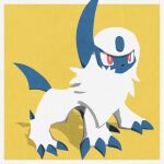  359yuyu absol animal_focus border bright_pupils claws closed_mouth commentary forehead_jewel horns mane no_humans outside_border pokemon pokemon_(creature) red_eyes shadow simple_background single_horn snout tail white_border white_fur white_pupils yellow_background 