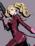  1girl blonde_hair blue_eyes bodysuit boots breast_zipper breasts cowboy_shot earrings fake_tail gloves grey_background gun highres holding holding_gun holding_weapon jewelry kurokawa_karasu long_hair long_sleeves looking_at_viewer medium_breasts no_mask parted_lips persona persona_5 pink_gloves red_bodysuit red_footwear shrug_(clothing) solo submachine_gun swept_bangs tail takamaki_anne thigh_boots tight_clothes twintails wavy_hair weapon 