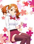  anjou_naruko ano_hi_mita_hana_no_namae_wo_bokutachi_wa_mada_shiranai. bad_id bad_pixiv_id black_legwear bow brown_eyes brown_hair earrings floral_background hair_ornament hairclip invisible_chair jewelry long_hair looking_at_viewer miniskirt pink_scrunchie pleated_skirt samonegi school_uniform scrunchie sitting skirt smile solo thighhighs twintails wrist_scrunchie zettai_ryouiki 