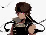  1boy arm_belt bare_arms black_coat black_headband brown_hair castlevania_(series) chain closed_mouth coat collarbone headband kotorai male_focus red_eyes richter_belmont short_hair signature solo torn_clothes torn_sleeves upper_body v-shaped_eyebrows white_background 