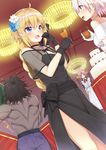  3girls berserker black_bow black_dress black_gloves black_hair blonde_hair blue_eyes blue_flower blue_pants bow braid breasts cake cleavage cup dark_skin dress drinking_glass dutch_angle eyebrows_visible_through_hair fate/apocrypha fate/grand_order fate/stay_night fate_(series) flower food frankenstein's_monster_(fate) from_below gloves hair_between_eyes hair_flower hair_ornament heroic_spirit_formal_dress highres holding holding_cup indoors jeanne_d'arc_(fate) jeanne_d'arc_(fate)_(all) jewelry long_hair maid mash_kyrielight medium_breasts multiple_girls neck_ribbon necklace pants pink_hair purple_eyes red_ribbon ribbon see-through short_hair sleeveless sleeveless_dress white_dress white_flower yukarite 