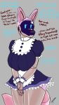2023 9:16 anthro big_breasts blue_eyes breasts canid canine canis clothing dialogue dixie_(torthegiant) domestic_dog english_text fakeryway female hi_res imminent_sex legwear looking_at_viewer machine maid_uniform mammal master pink_body robot screen screen_face snout solo tail text thick_thighs thigh_highs uniform wide_hips