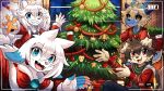 16:9 5_fingers aiden_(penguinexperience) anthro antlers bell canid canine canis christmas christmas_tree claws clothed clothing deer domestic_dog fingers floppy_ears fox group hair hi_res holidays horn inner_ear_fluff kemono ladon_(character) looking_at_viewer male mammal open_mouth open_smile pawpads penguinexperience plant smile smiling_at_viewer tail tree tuft white_hair widescreen