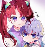  akaba_ray akaba_reira azu. blue_eyes child grey_hair hug multicolored_hair pink_hair purple_eyes red_hair tied_hair twintails two-tone_hair yu-gi-oh! yuu-gi-ou_arc-v 