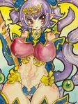  1girl artist_request breasts curvy erect_nipples female huge_breasts long_hair pubic_tattoo purple_hair queen&#039;s_blade queen&#039;s_blade_grimoire red_eyes seiten_(queen&#039;s_blade) shiny_skin smile solo tail tattoo thong tiara traditional_media twintails 