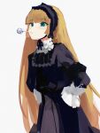  1girl blonde_hair blunt_bangs blush chin_strap commentary danraz0r dress frills gosick gothic_lolita gown green_eyes hairband highres lolita_fashion lolita_hairband long_hair mouth_hold simple_background smoking_pipe solo very_long_hair victorica_de_blois white_background 