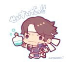  1boy :3 black_eyes blue_coat blue_outline bottle brown_hair castlevania_(series) chibi chibi_only coat full_body holding holding_bottle holy_water kotorai male_focus no_nose outline pants richter_belmont short_hair signature simple_background solo torn_clothes torn_sleeves translation_request white_background white_pants 