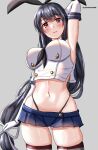  1girl absurdres black_hair black_hairband black_neckerchief black_panties blue_sailor_collar blue_skirt breasts cosplay crop_top elbow_gloves fusou_(kancolle) gloves grey_background hairband highleg highleg_panties highres kantai_collection large_breasts long_hair looking_at_viewer low-tied_long_hair microskirt miniskirt mizuki_(uzuki_no_sato) neckerchief one-hour_drawing_challenge panties pleated_skirt red_eyes sailor_collar shimakaze_(kancolle) shimakaze_(kancolle)_(cosplay) shirt simple_background skirt sleeveless sleeveless_shirt standing striped_clothes striped_thighhighs thighhighs twitter_username underwear white_gloves 