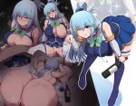  :d alternate_breast_size aqua_(konosuba) ass bar_censor bed blue_eyes blue_footwear blue_hair blue_shirt blue_thighhighs blush boots bottle bottomless bow bowtie breasts censored clenched_teeth commentary_request completely_nude cup detached_sleeves drunk full_body glass green_bow green_bowtie half-closed_eyes heavy_breathing highres holding holding_cup huge_breasts impossible_clothes impossible_shirt kono_subarashii_sekai_ni_shukufuku_wo! leaning long_hair looking_at_viewer lying multiple_views nipples nude on_stomach one_eye_closed pillow ponponmaru pussy shirt single_hair_ring skin_tight skirt smile spread_legs standing sweat teeth thigh_boots thighhighs thighhighs_under_boots unworn_skirt wine_bottle 