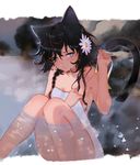  animal_ears arutera bangs banned_artist bathing black_hair blue_eyes blush braid breasts bright_pupils cat_ears cat_girl cat_tail closed_mouth collarbone covering cowlick flower hair_between_eyes hair_flower hair_ornament hand_up highres lavender_eyes looking_at_viewer looking_away naked_towel nude_cover onsen original outdoors partially_submerged petals ribbon short_hair short_hair_with_long_locks side_braid sitting small_breasts snowing solo steam tail towel tsurime wet white_pupils 