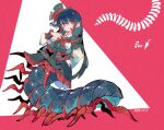  1girl black_hair black_headwear commentary commission english_commentary full_body highres indie_virtual_youtuber long_hair long_sleeves massakasama millipede_girl red_background red_eyes second-party_source skeb_commission solo two-tone_background virtual_youtuber white_background 