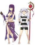  2girls alternate_costume bikini blunt_bangs breasts commentary covered_navel english_commentary fern_(sousou_no_frieren) flat_chest frieren full_body green_eyes highres holding holding_staff large_breasts long_hair multiple_girls one-piece_swimsuit pointy_ears purple_bikini purple_eyes purple_hair purple_pupils purple_skirt simple_background skirt smile sousou_no_frieren staff straight_hair striped_clothes striped_one-piece_swimsuit swimsuit twintails wanderjegson white_background white_hair 