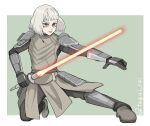  1girl absurdres animification armor battle belt blue_eyes boots commentary_request duel energy_sword fighting_stance gloves green_eyes highres lightsaber looking_to_the_side science_fiction serious shin_hati signature spoilers star_wars star_wars:_ahsoka sword user_rhkk8755 weapon white_hair 