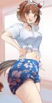  absurdres animal_ears arm_up blue_shorts blush braid brown_eyes brown_hair commentary_request cowboy_shot crown_braid ear_covers fagrp12 floral_print gaze_on_me!_outfit_(umamusume) hairband hand_on_own_hip highres horse_ears horse_girl horse_tail looking_at_viewer midriff navel open_mouth shirt short_hair short_sleeves shorts smile tail teeth tied_shirt umamusume upper_teeth_only white_hairband white_shirt yukino_bijin_(umamusume) 