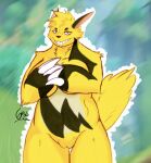 anthro claws female genitals grizzbolt hi_res hiding_breasts notgreez pal_(species) palworld pussy slightly_chubby slightly_chubby_female solo thick_thighs