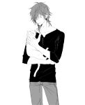  1boy alternate_costume animal black_shirt cat closed_eyes closed_mouth collarbone cowboy_shot greyscale hair_over_one_eye highres holding holding_animal holding_cat long_sleeves male_focus medium_hair monochrome ookurikara pants petting shirt simple_background sketch sleeves_rolled_up solo standing touken_ranbu vient white_background white_cat 