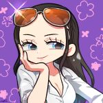  1girl a28841434 black_hair blue_eyes chibi close-up commentary eyelashes eyewear_on_head flower hair_slicked_back hand_on_own_cheek hand_on_own_face long_hair loose_hair_strand lowres nico_robin one_piece purple_background shirt simple_background smile solo white_shirt 