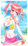  1girl :d absurdres alternate_costume alternate_hairstyle arms_at_sides bare_shoulders beach bikini blue_eyes blue_ribbon blue_sky blunt_bangs blurry blurry_background blush border bracelet commentary cowboy_shot criss-cross_halter day eyes_visible_through_hair floral_print go-toubun_no_hanayome hair_ribbon halterneck happy head_tilt highres jewelry kurosaki_coco looking_at_viewer medium_hair nakano_nino navel ocean open_mouth outdoors pink_hair pink_skirt ribbon sidelocks skirt sky smile solo swimsuit teeth tsurime twintails upper_teeth_only white_border yellow_bikini 