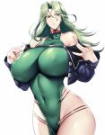  1girl bare_shoulders breasts collar dress green_dress green_eyes green_hair haganef highres huge_breasts impossible_clothes impossible_dress jacket lamia_loveless looking_to_the_side open_clothes open_jacket open_mouth purple_jacket red_collar shoulder_tattoo solo solo_focus super_robot_wars super_robot_wars_original_generation tattoo tight_clothes tight_dress upper_body wide_hips 