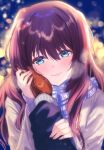  1boy 1girl a-chan_senpai alternate_costume backlighting blue_eyes blurry blush breath brown_coat brown_hair brown_mittens closed_mouth coat commentary depth_of_field eyelashes fingernails grabbing_another&#039;s_arm hair_between_eyes hand_on_another&#039;s_cheek hand_on_another&#039;s_face happy hetero highres holding_hands light_particles lips little_busters! long_hair long_sleeves looking_at_viewer miiizuno_lbs mittens natsume_kyousuke night outdoors plaid plaid_scarf pov pov_hands scarf sidelocks smile solo_focus straight-on upper_body very_long_hair winter winter_clothes 