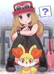  1girl :o ? bag blonde_hair blush bracelet commentary_request eyelashes eyewear_on_headwear fennekin grey_eyes handbag hat highres jewelry kutabireta_neko long_hair looking_at_viewer open_mouth pink_bag pleated_skirt pokemon pokemon_(creature) pokemon_xy red_headwear serena_(pokemon) shirt shoes sitting skirt sleeveless sleeveless_shirt spoken_question_mark sunglasses thighhighs white-framed_eyewear 