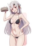  1girl absurdres alternate_breast_size ass_visible_through_thighs bamboo_steamer baozi bell bikini black_bikini blunt_bangs blush breasts cdog2035 center-flap_bangs commentary contrapposto dot_nose english_commentary fangs flower_knot food grey_hair groin hair_bell hair_bun hair_ornament hand_on_own_hip hand_up head_tilt highres hip_focus holding hololive jingle_bell linea_alba long_hair looking_at_viewer low-tied_long_hair lowleg lowleg_bikini medium_breasts micro_bikini nakiri_ayame navel oni open_mouth pink_background red_eyes red_tassel simple_background solo string_bikini swimsuit tassel tassel_hair_ornament thighs virtual_youtuber white_background wide_hips 