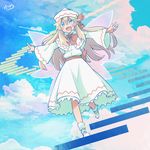  blonde_hair blue_eyes blue_sky blush bow cloud commentary_request day dress fairy_wings hair_bow hat highres lily_white long_hair looking_at_viewer open_mouth outstretched_arms red_bow red_sash sash shoes signature sky smile solo stairs touhou white_dress white_footwear white_hat wide_sleeves wings yutamaro 